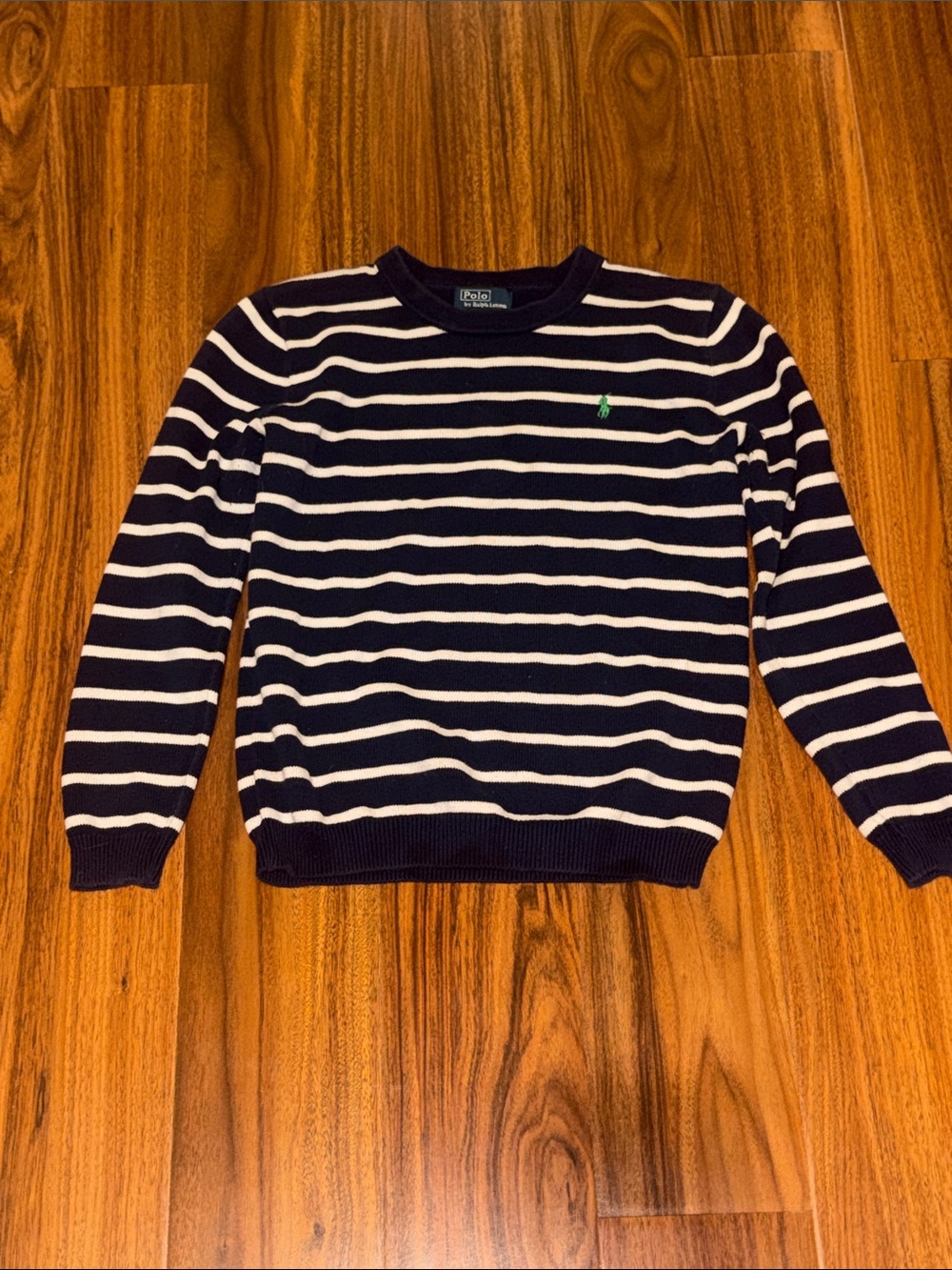 Polo by Ralph Lauren Navy & White Striped Crewneck Sweater with Green Pony